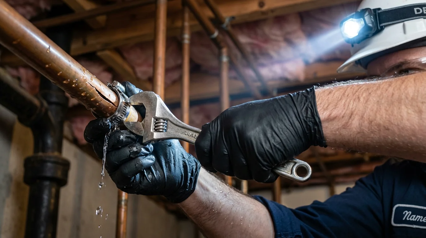 Emergency pipe clamp repair being performed by a Johns Plumbing LLC plumber in Olivehurst