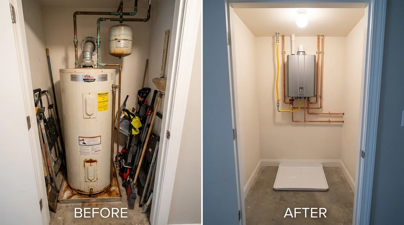 Tank water heater versus wall-mounted tankless unit comparison for Olivehurst, CA homeowners